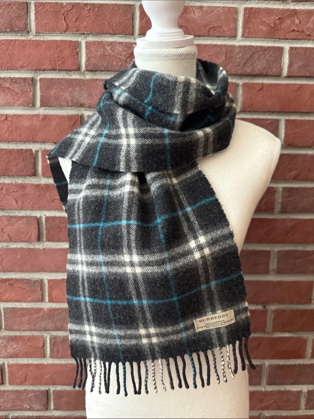 Burberry Luxurious Lambswool Black Plaid Scarf with Teal /White Accent